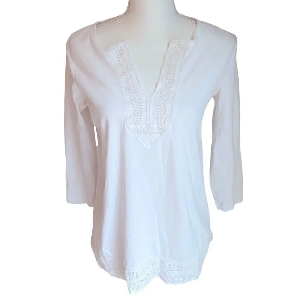 Ralph Lauren Embroidered White Cotton V Neck Top Size Medium